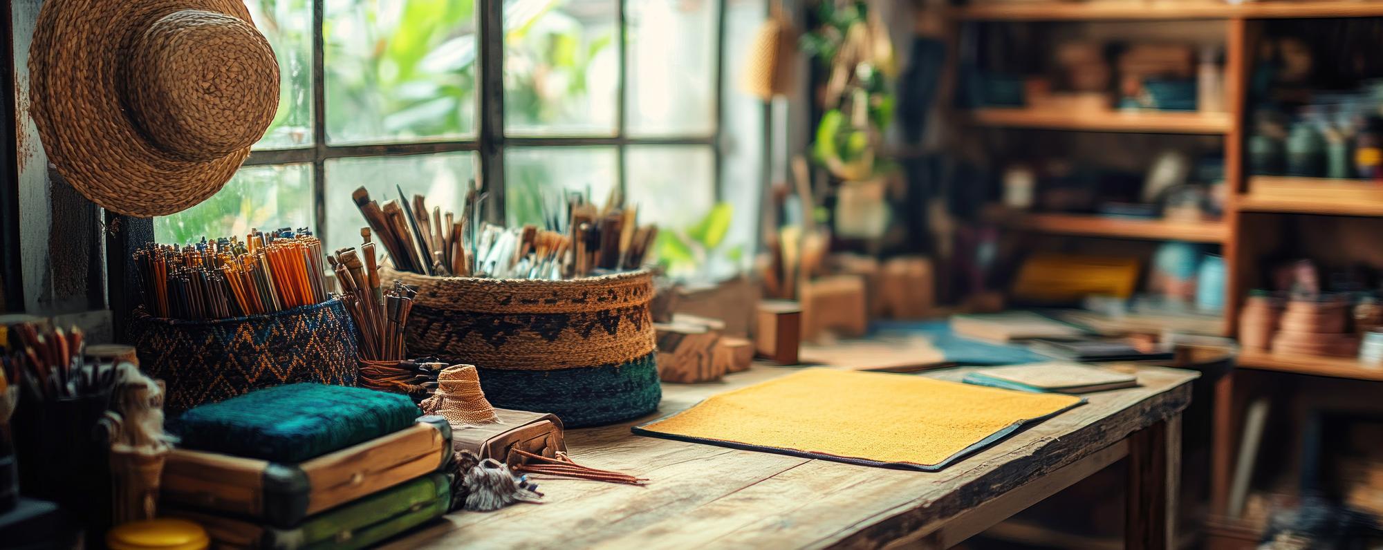 cozy embroidery studio with threads and hoop